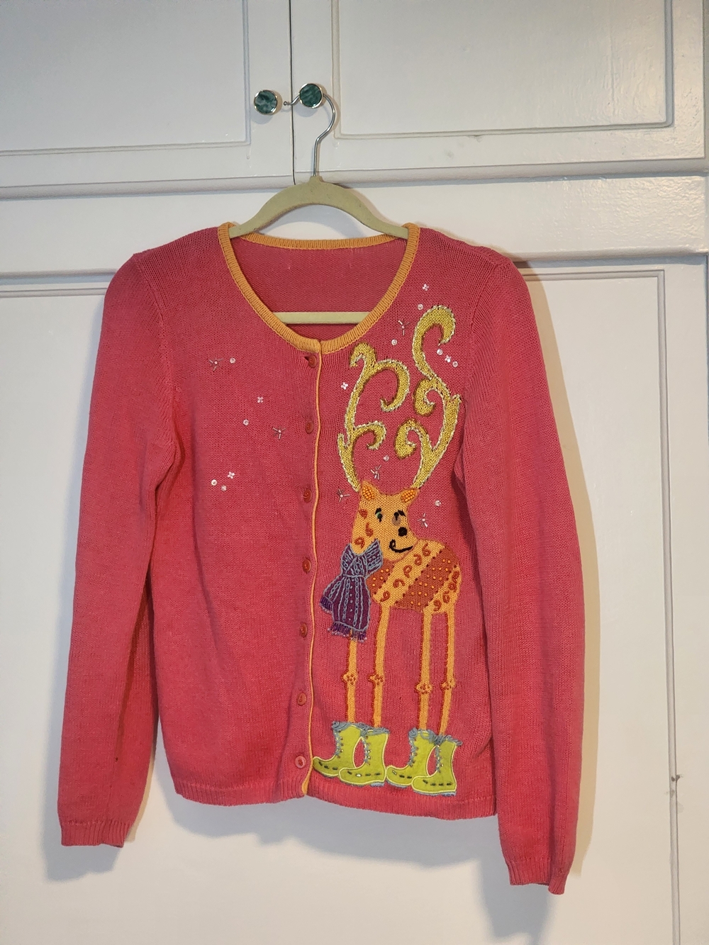 Women’s Pink Embellished Reindeer Cardigan Sweater